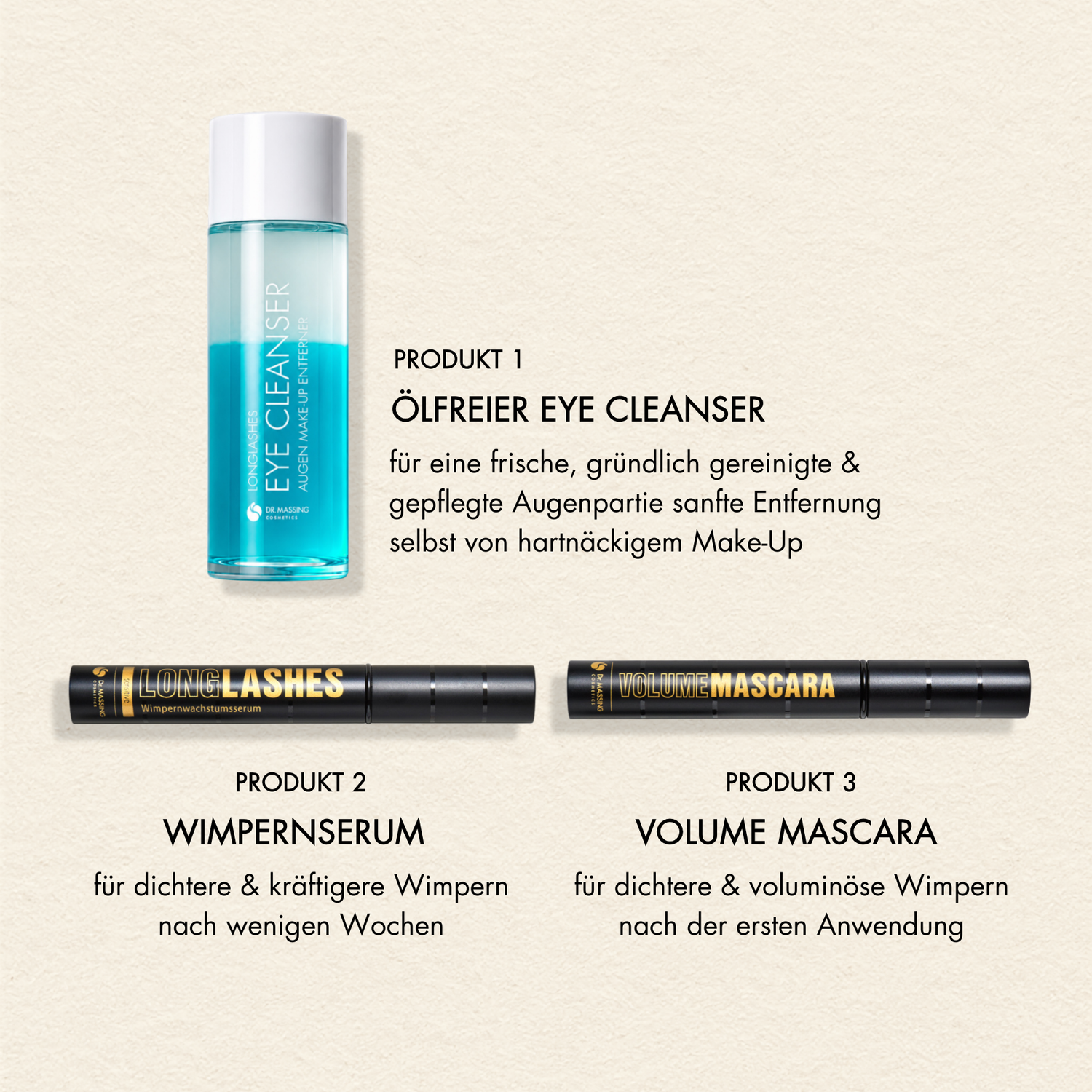 Perfect Lash Trio Übersicht. Produkt 1: Ölfreier Eye Cleanser, Produkt 2: Wimpernserum und Produkt 3: Volume Mascara