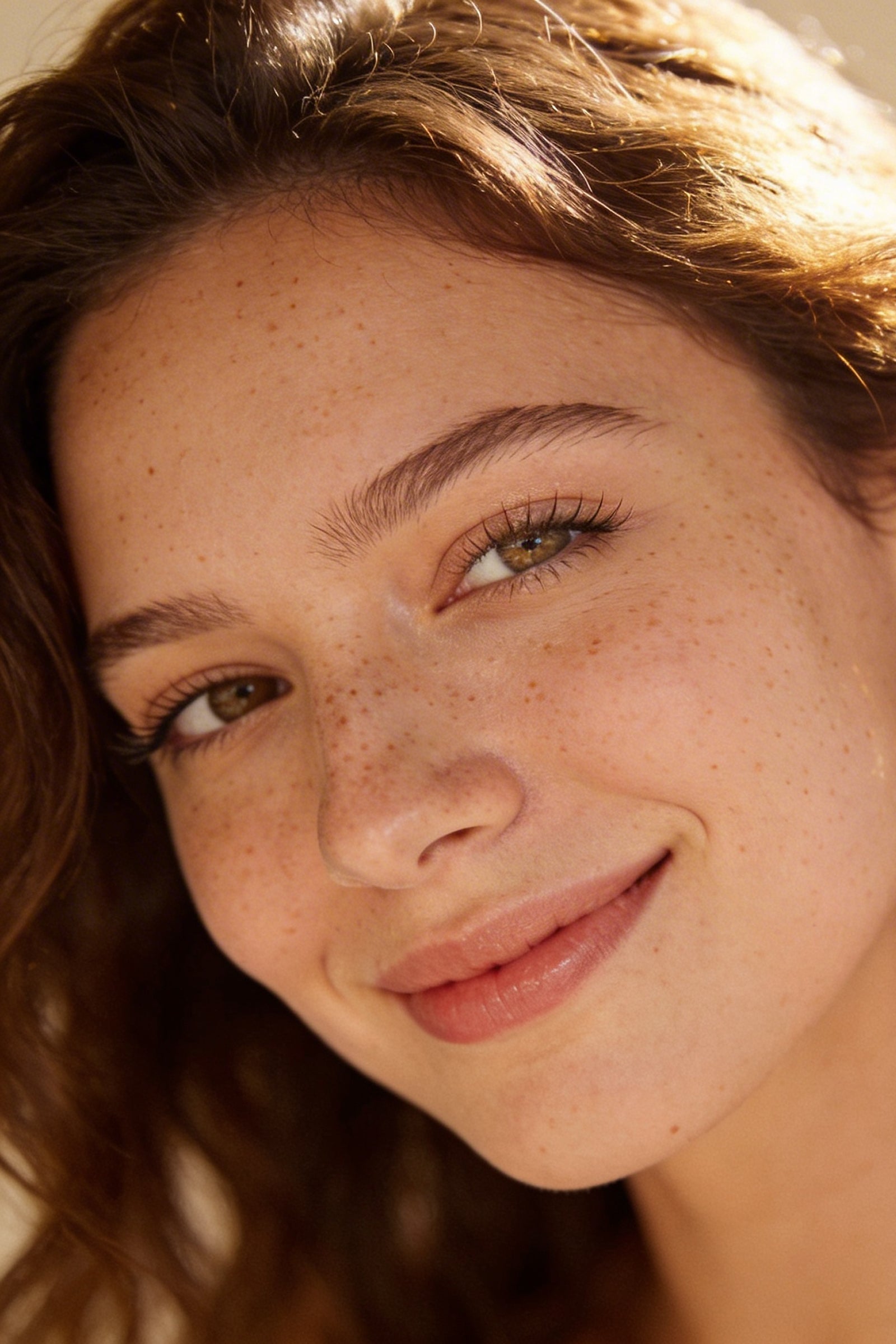 Portrait einer jungen Frau mit voluminösen Haaren und gepflegter Gesichtshaut mit Sommersprossen.