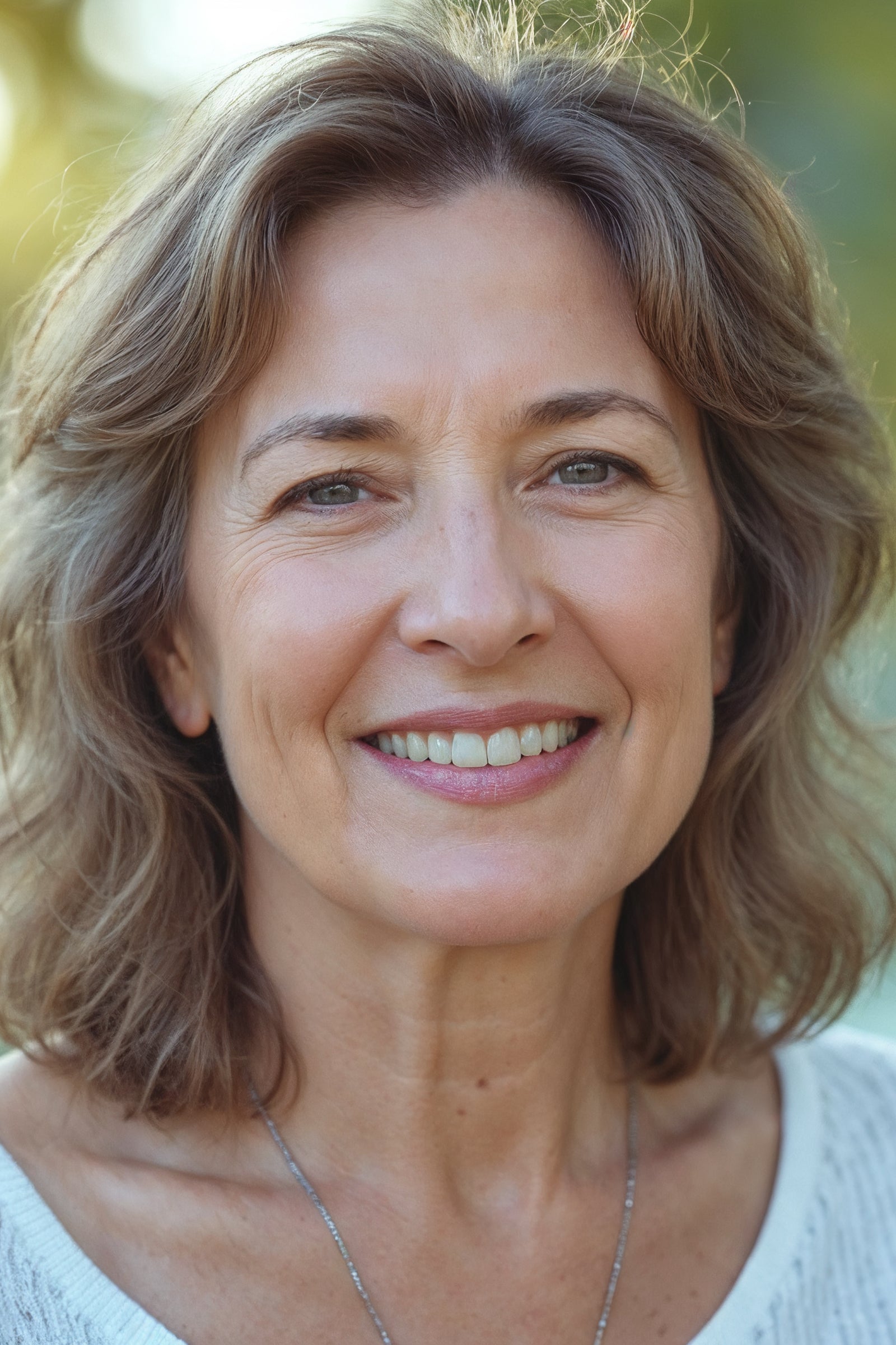 Portrait einer Frau mit natürlicher Gesichtshaut und leichten Falten um die Augen.