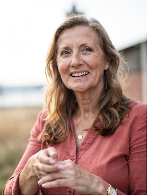 Portrait einer Frau mit gepflegter reifer Gesichtshaut, die deutliche  Falten um die Augen und den Mund aufweist.