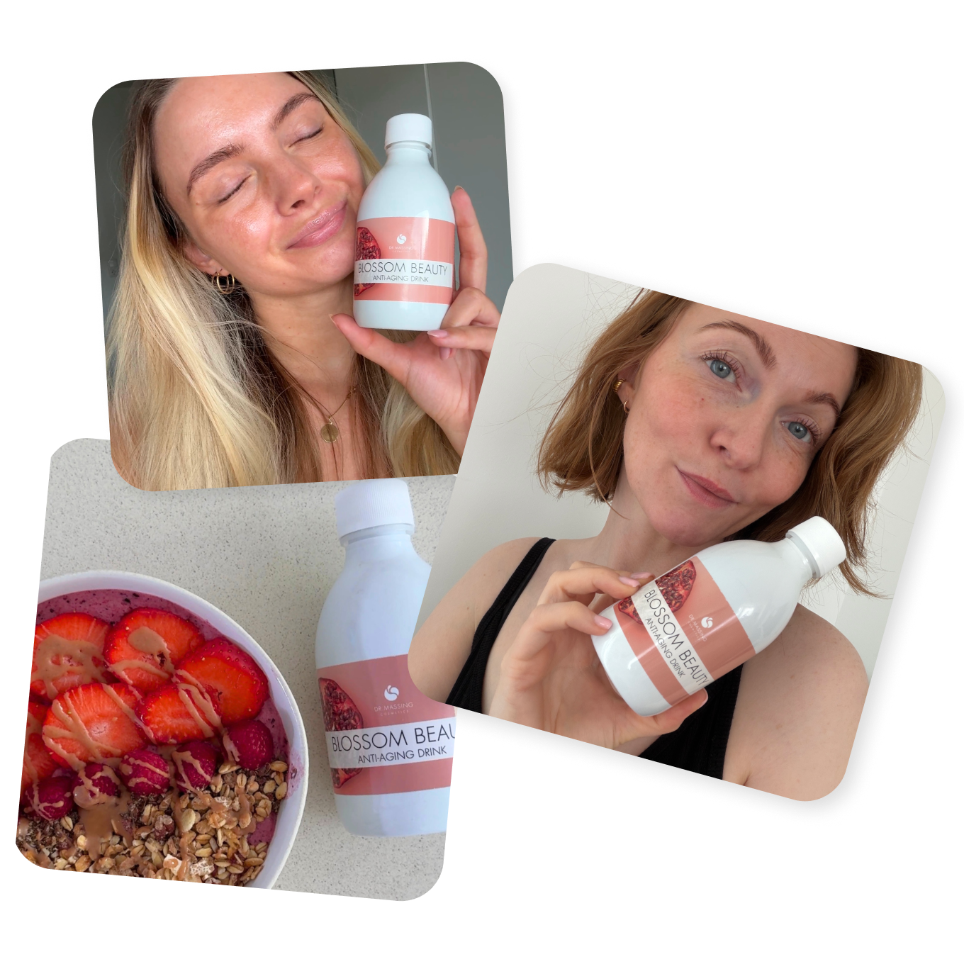 Collage aus drei Bildern von zufriedenen Kundinnen des Blossom Beauty Anti-Aging Drink