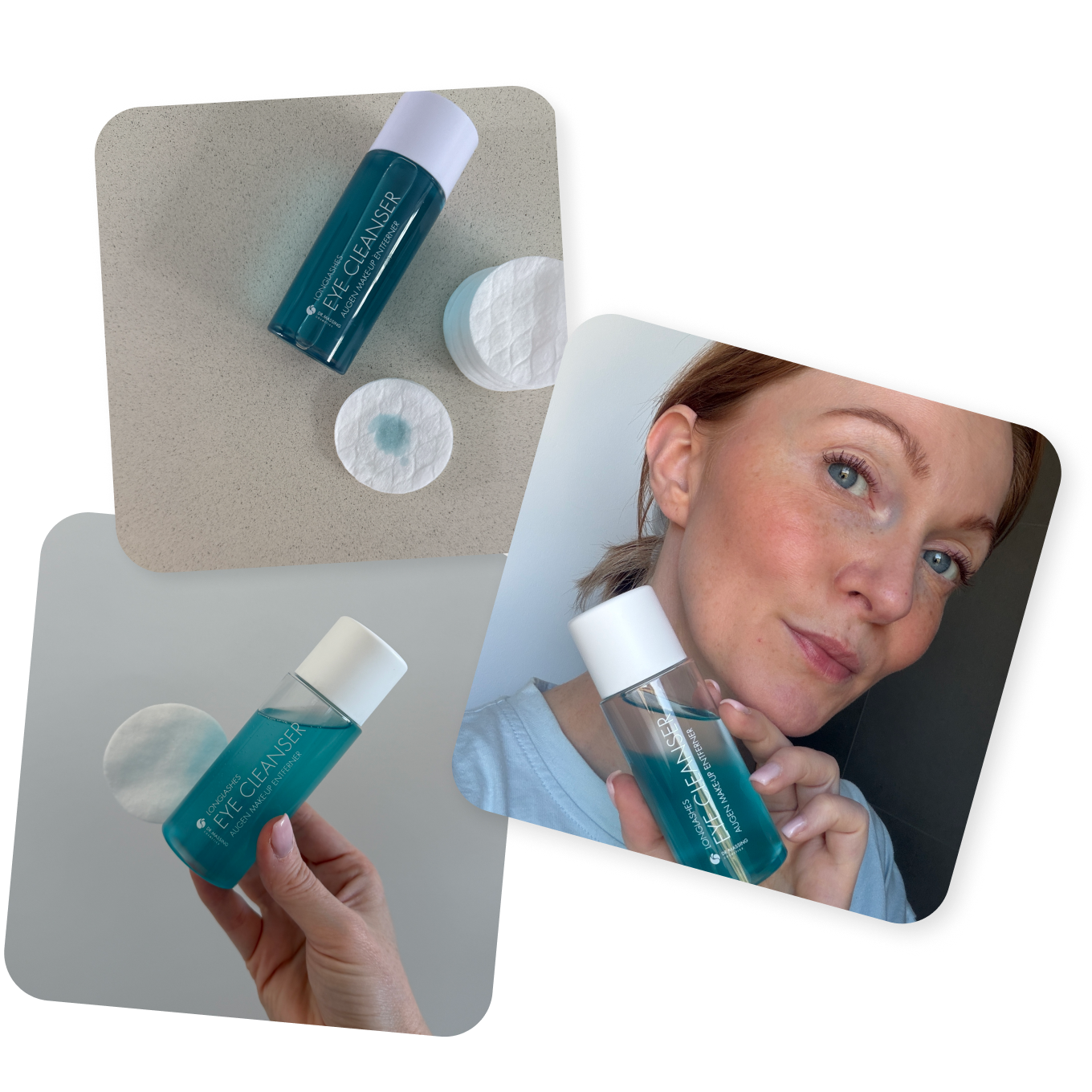 Collage aus drei Bildern von zufriedenen Kundinnen des Long Lashes Eye Cleansers