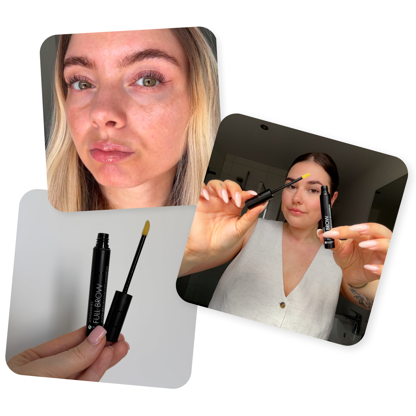 Collage aus drei Bildern von zufriedenen Kundinnen des Full Brow Augenbrauenserums