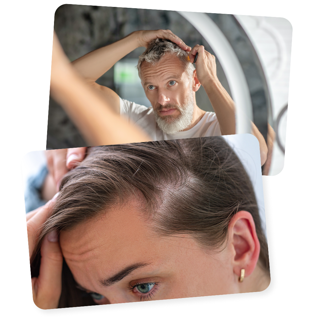 Eine Collage aus zwei Bildern, die Menschen zeigen, welche unter Haarausfall leiden.