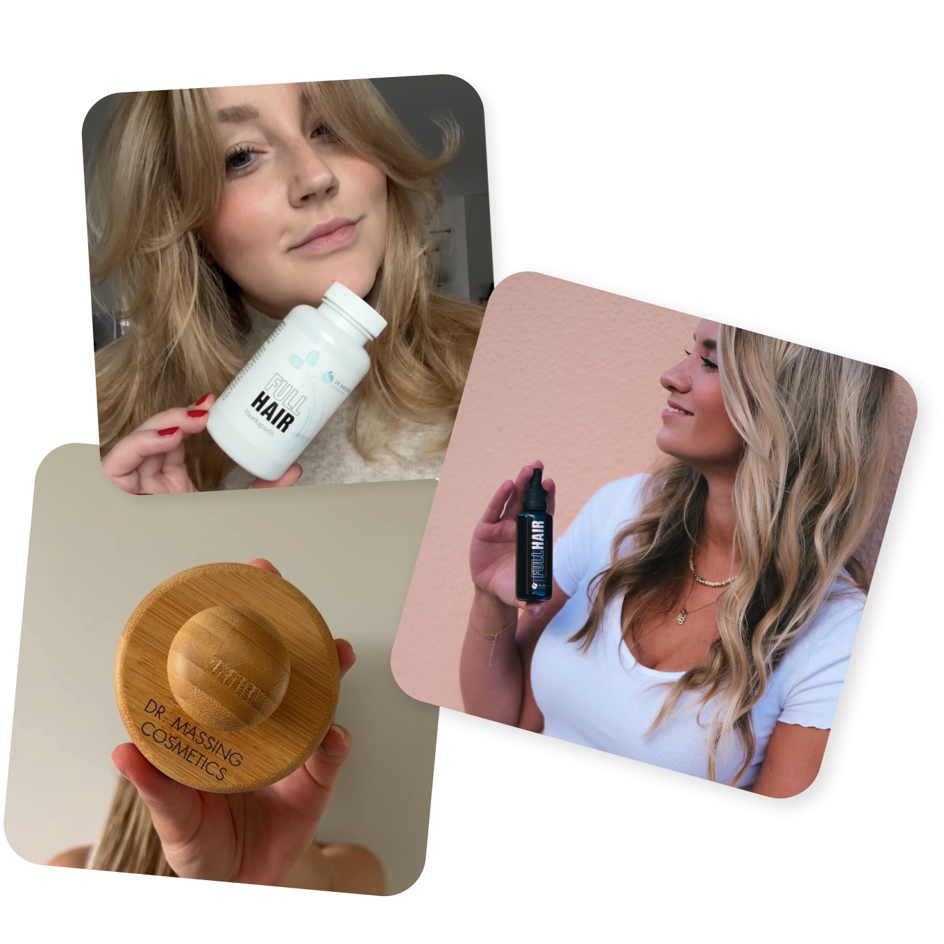 Collage aus drei Bildern von zufriedenen Kundinnen der Full Hair Complete 90 Routine