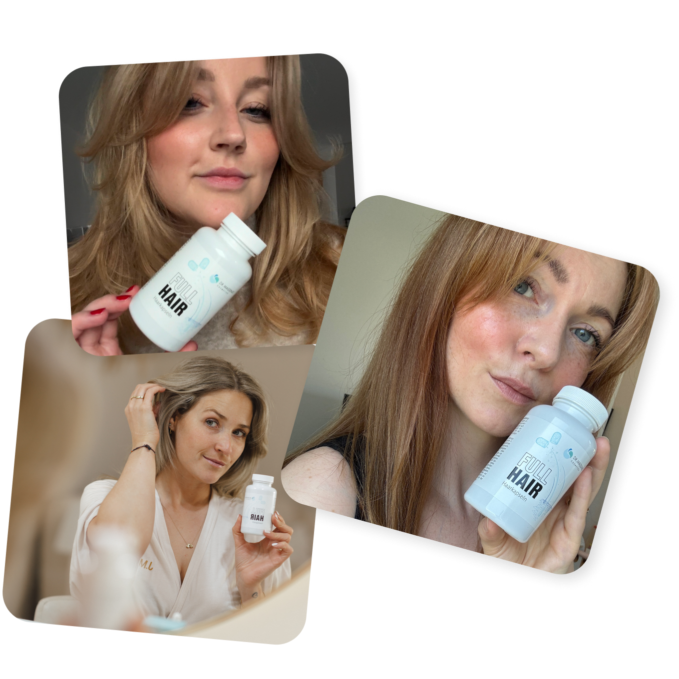 Collage aus drei Bildern von zufriedenen Kundinnen der Full Hair Haarkapseln