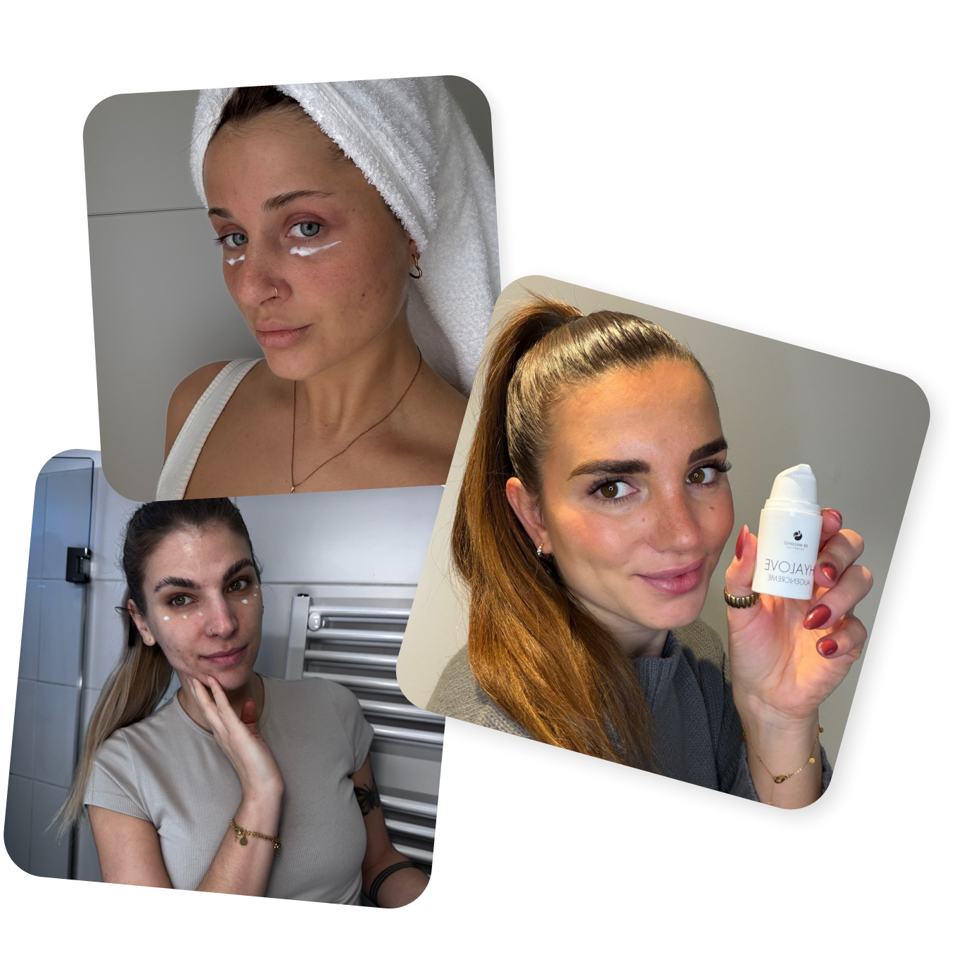 Collage aus drei Bildern von zufriedenen Kundinnen der Hyalove Augencreme