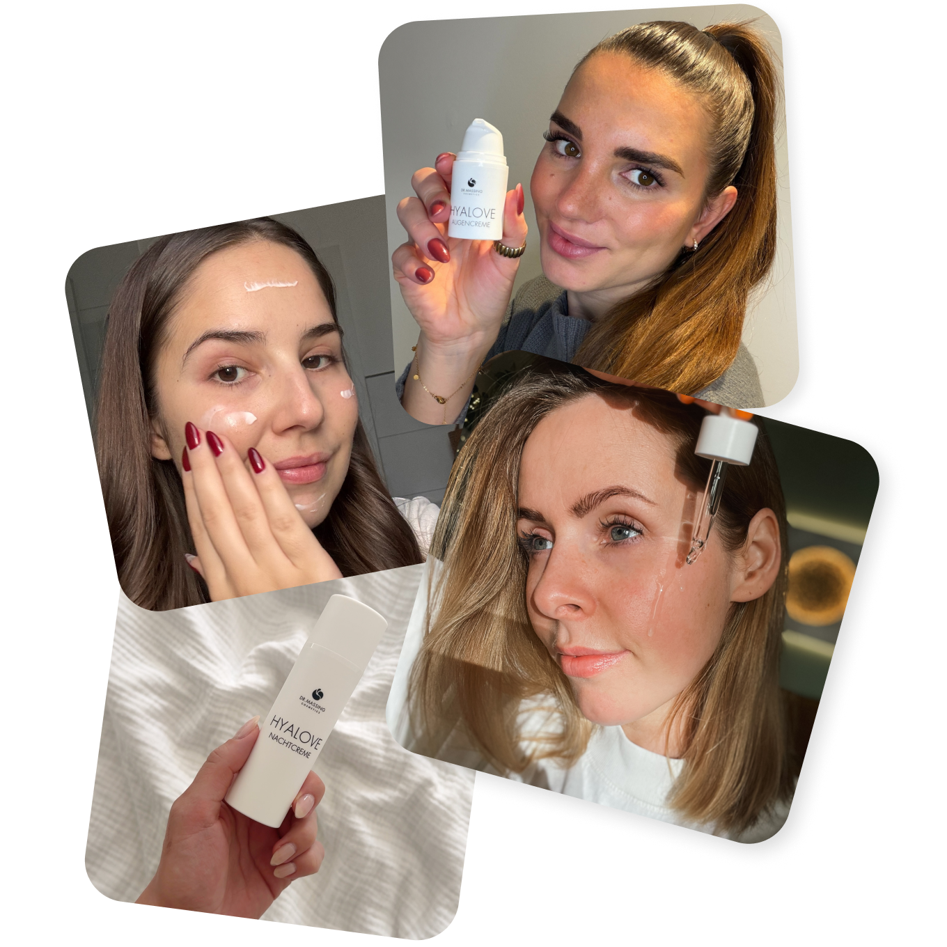 Collage aus vier Bildern von zufriedenen Kundinnen der Hyalove Glass Skin Routine