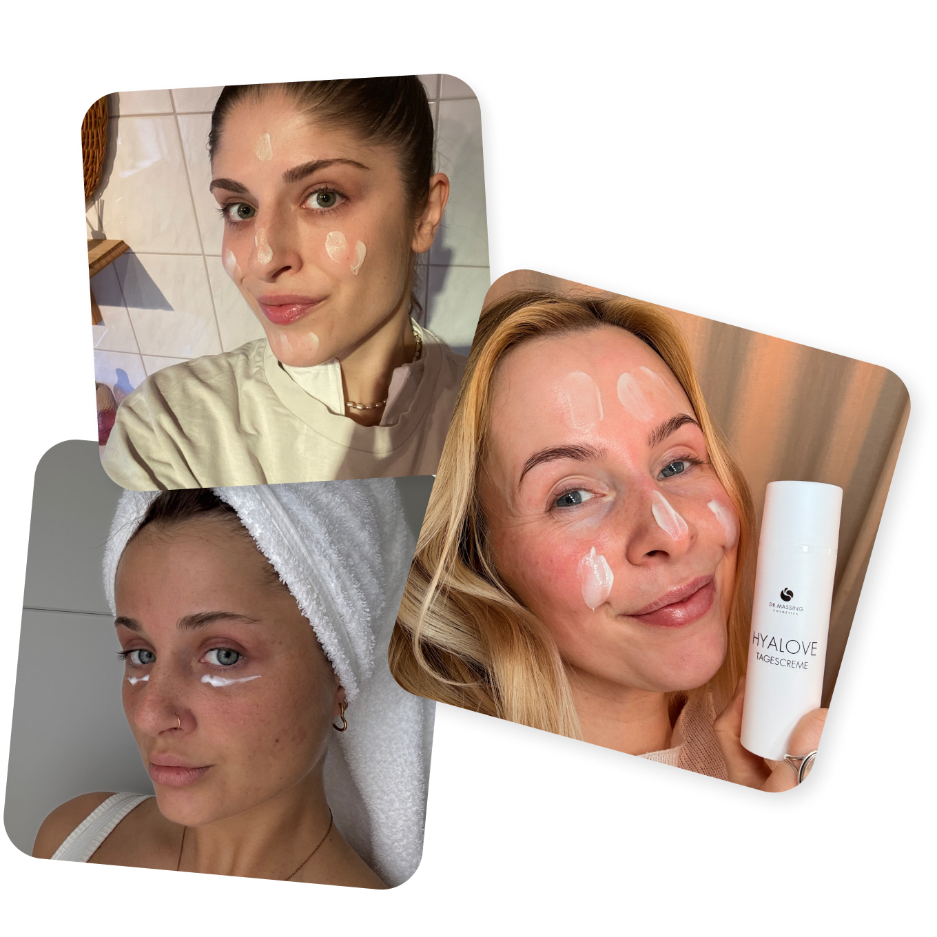 Collage aus drei Bildern von zufriedenen Kundinnen der Hyalove Creme Kollektion