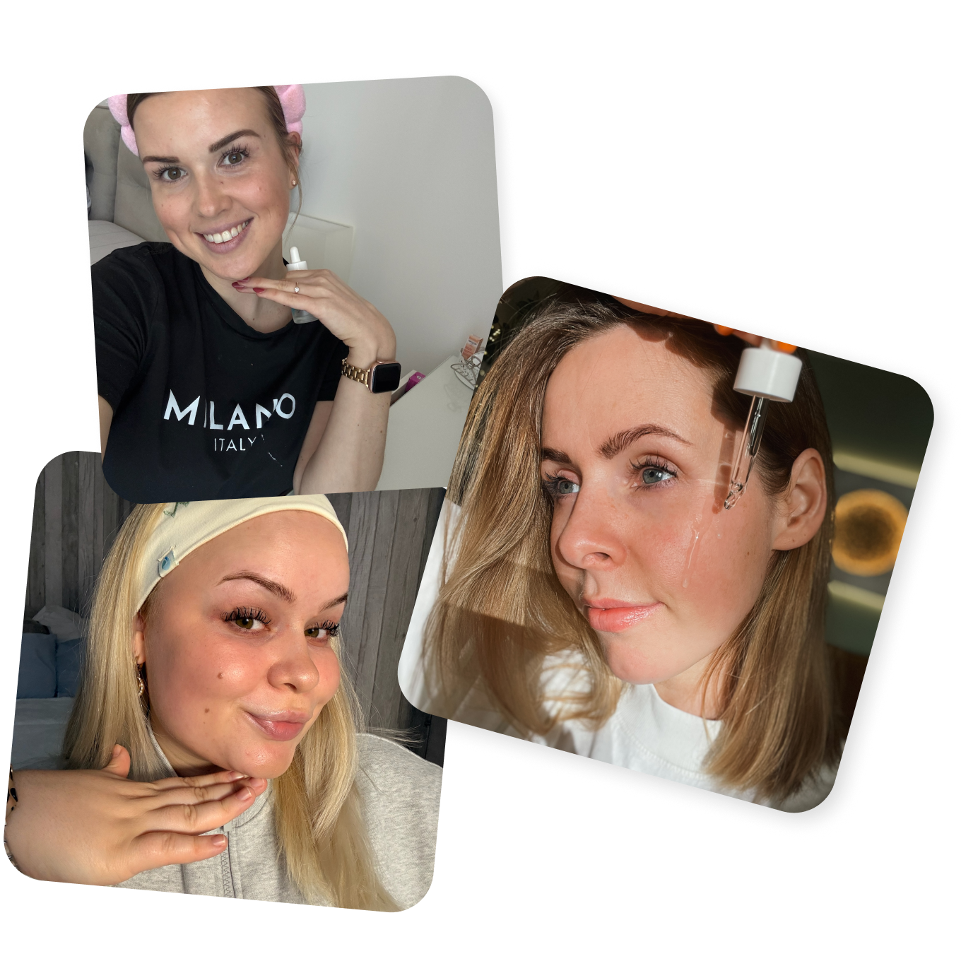 Collage aus drei Bildern von zufriedenen Kundinnen des Hyalove Hyaluronserums