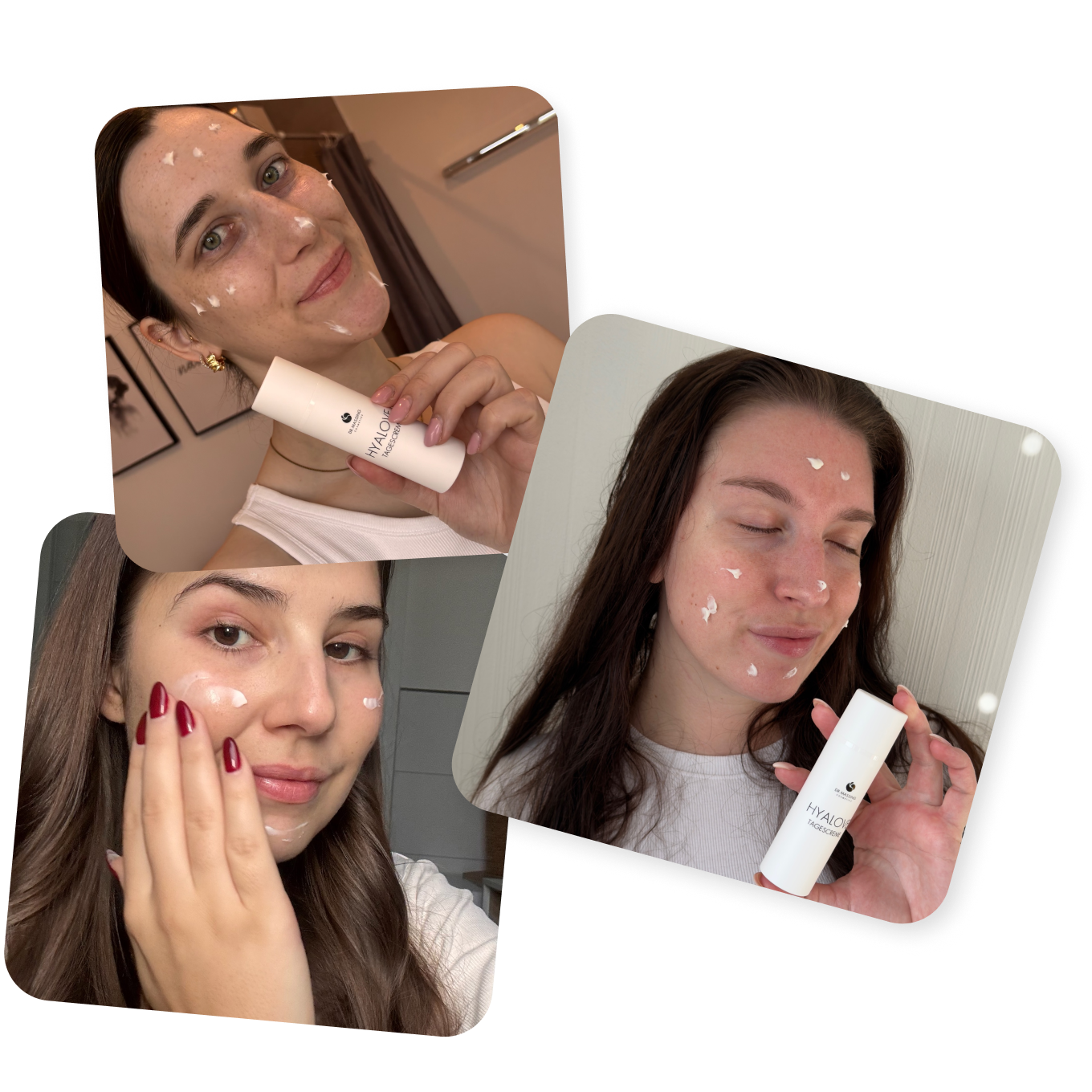 Collage aus drei Bildern von zufriedenen Kundinnen der Hyalove Tagescreme