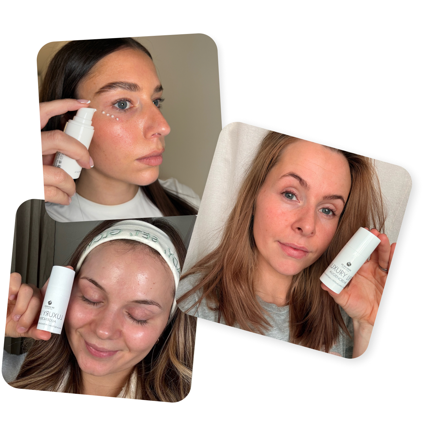 Collage aus drei Bildern von zufriedenen Kundinnen der Luxury Lift Augencreme