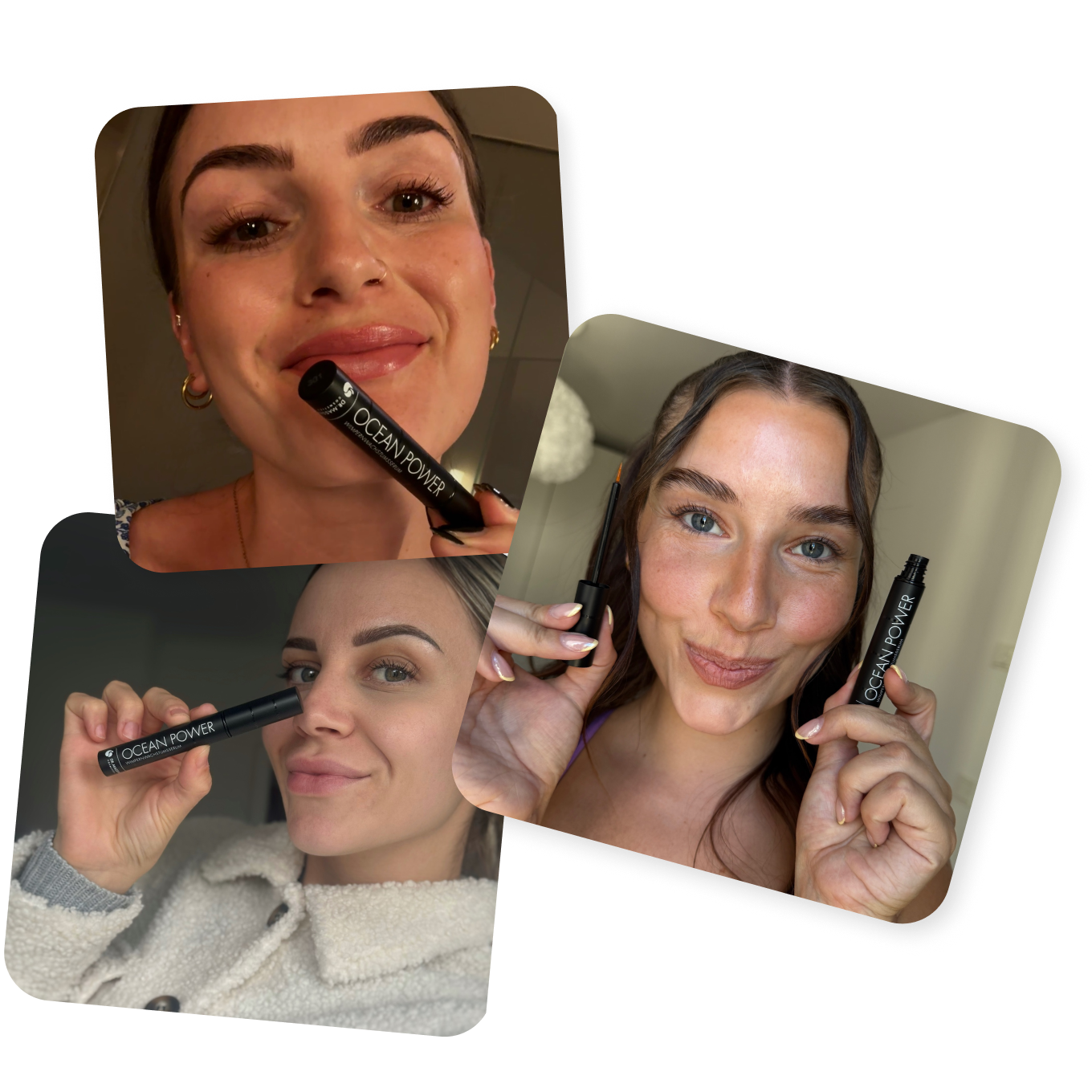 Collage aus drei Bildern von zufriedenen Kundinnen des Long Lashes Ocean Power Wimpernserums
