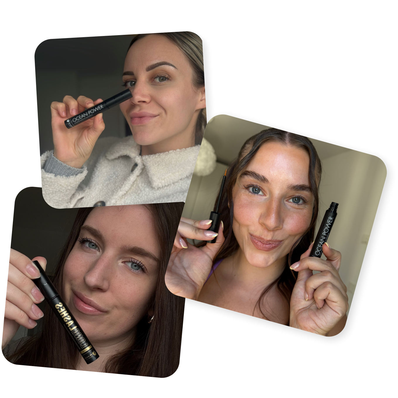 Collage aus drei Bildern von zufriedenen Kundinnen des Long Lashes Ocean Power Wimpernserums und Long Lashes Sensitive Wimpernserums