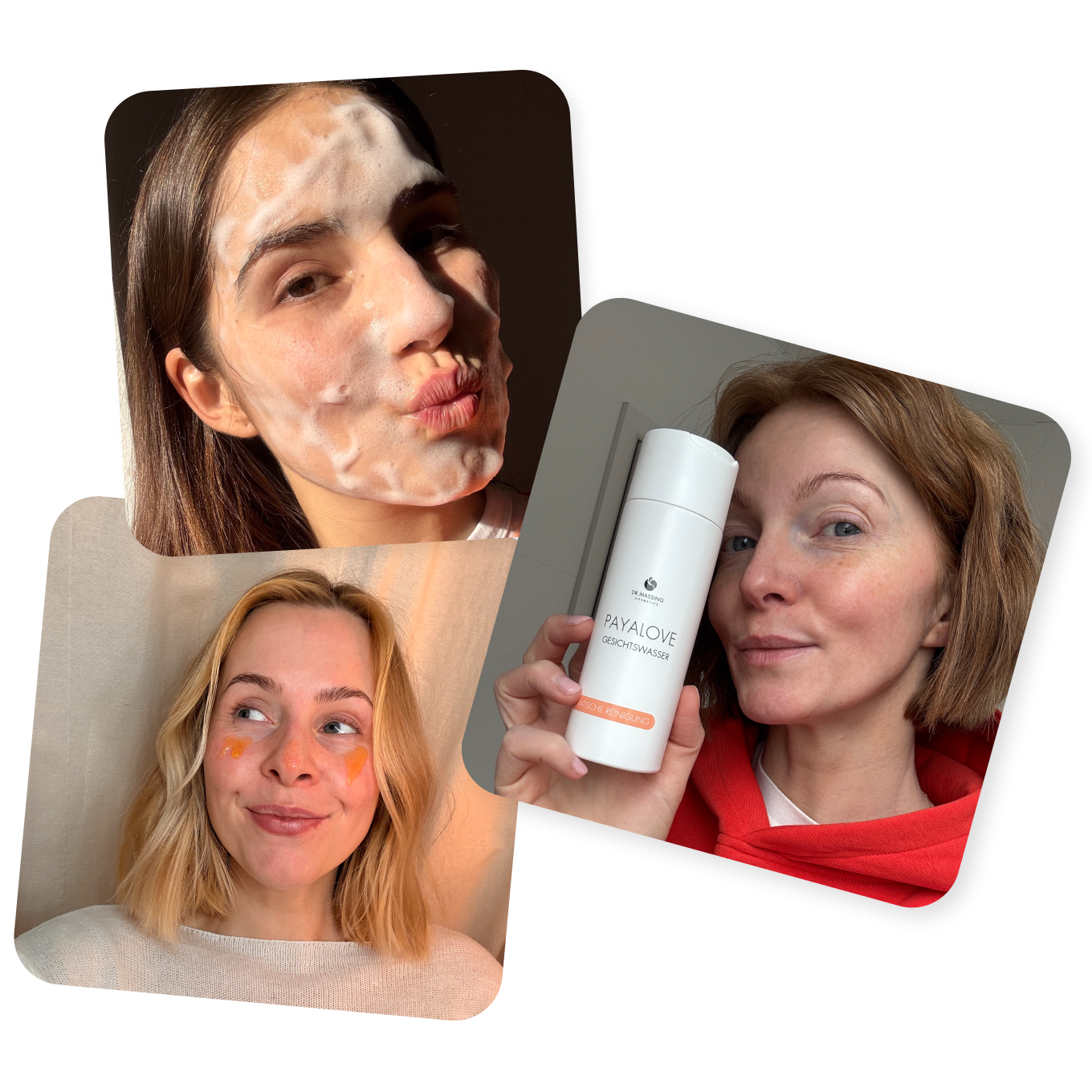 Collage aus drei Bildern von zufriedenen Kundinnen der Payalove Gesichtsroutine