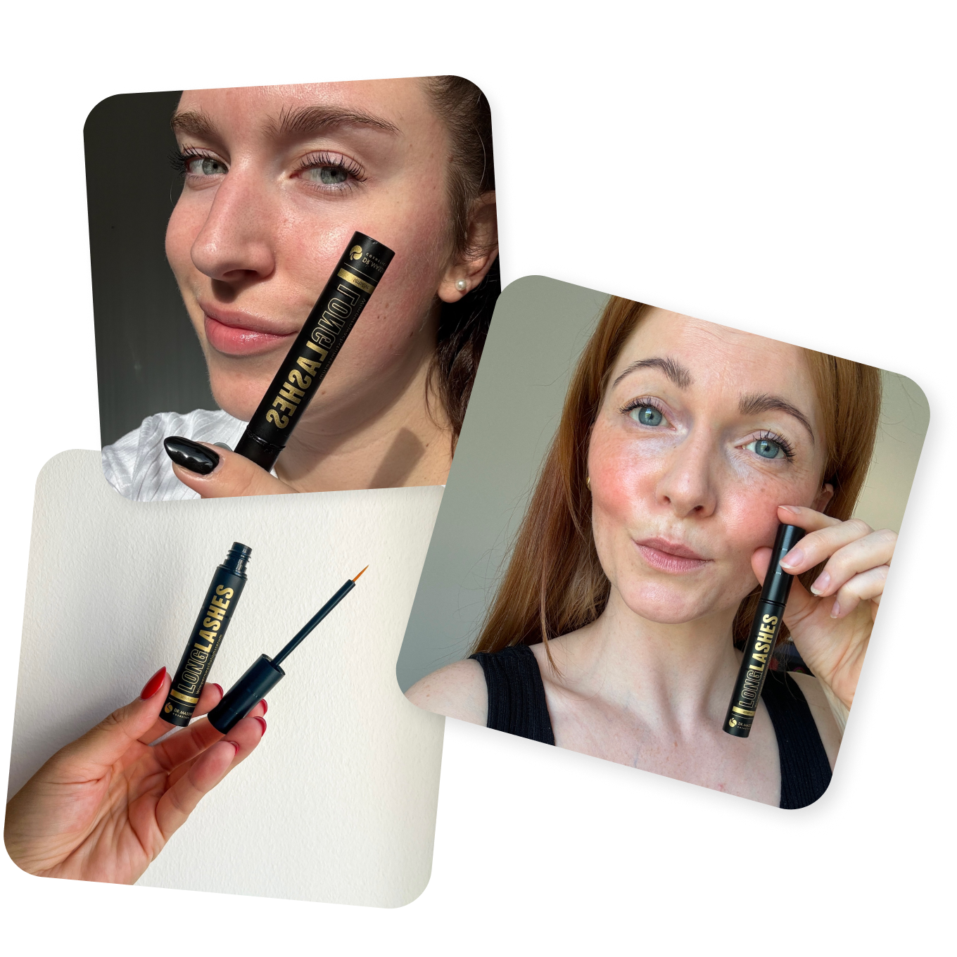Collage aus drei Bildern von zufriedenen Kundinnen des Long Lashes Sensitive Wimpernserums