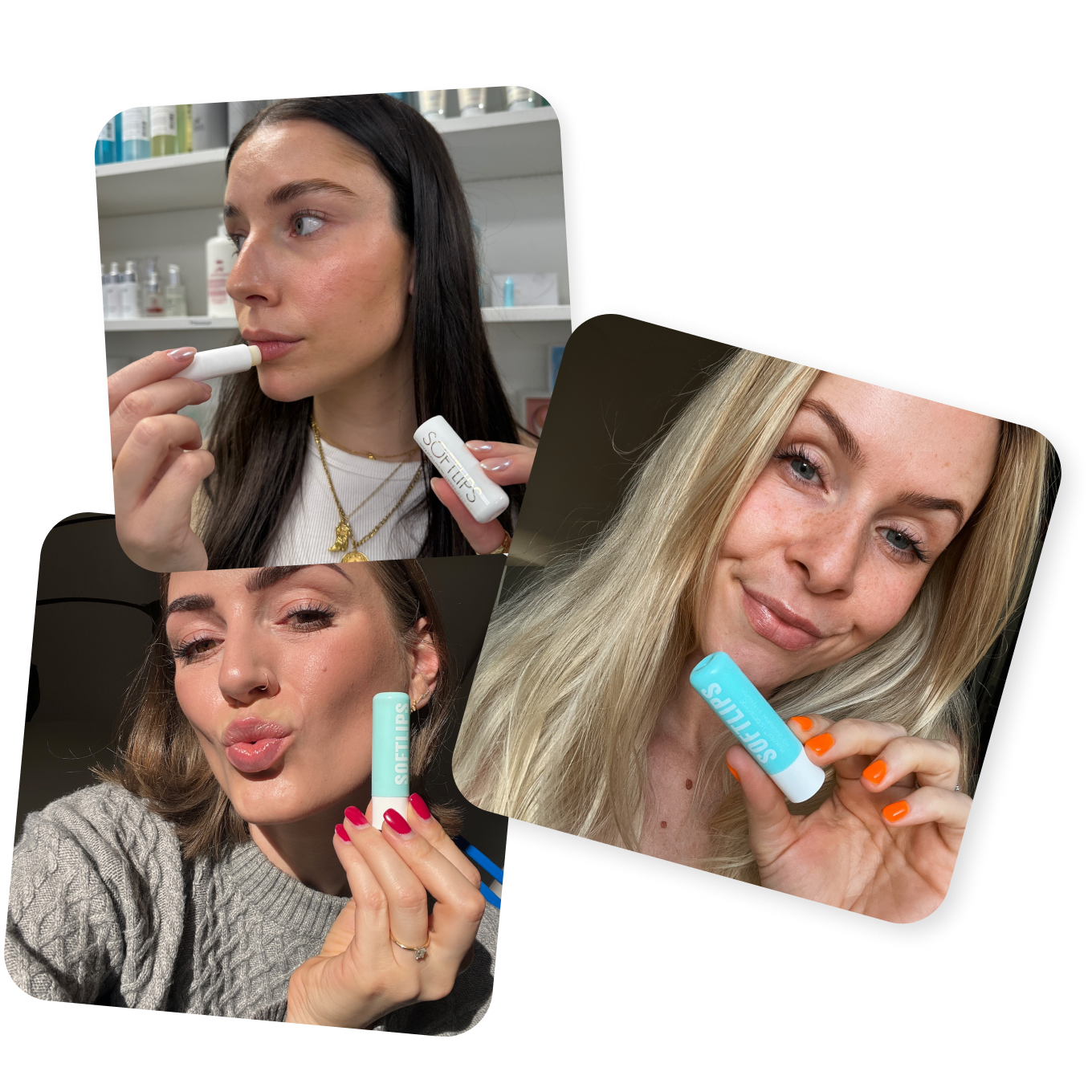Collage aus drei Bildern von zufriedenen Kundinnen der Soft Lips Lippenpflege