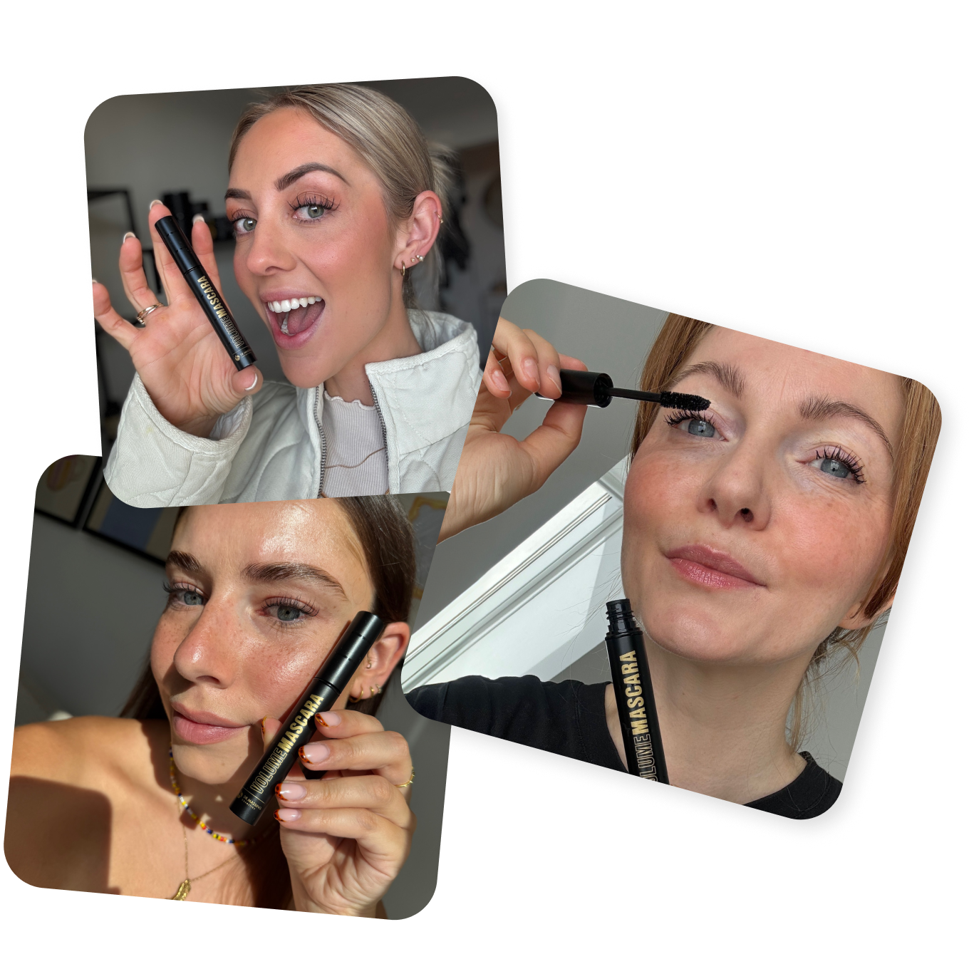 Collage aus drei Bildern von zufriedenen Kundinnen der Volume Mascara