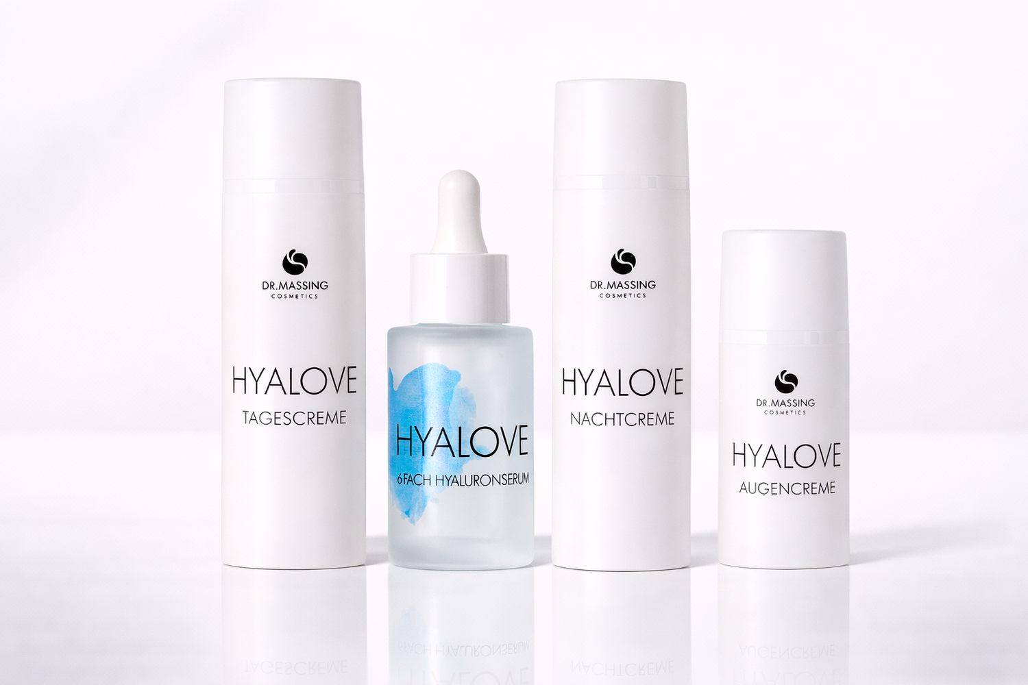 Hyalove Bundle Gesichtsroutine: Hyaluronserum, Tagescreme, Nachtcreme, Augencreme