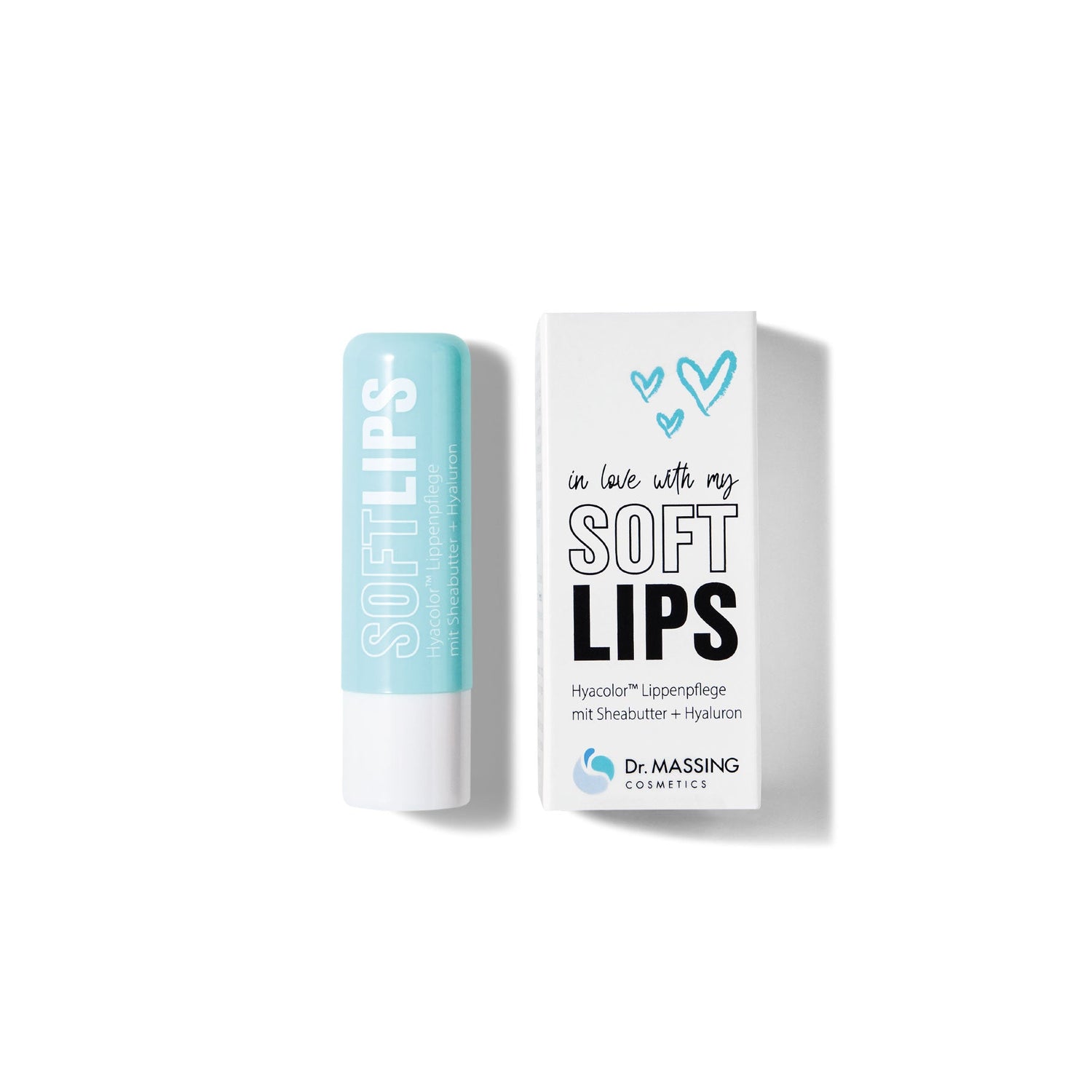 Freisteller Dr. Massing SoftLips Lippenpflege mit Hyaluron Lippenpflege mit Sheabutter Detailansicht petrolfarbige Verpackung