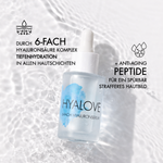 Hyalove abgebildet auf Wasser mit der Erklärung zu 6-Fach Tiefenhydration und Anti-Aging Peptide für ein spürbar strafferes Hautbild
